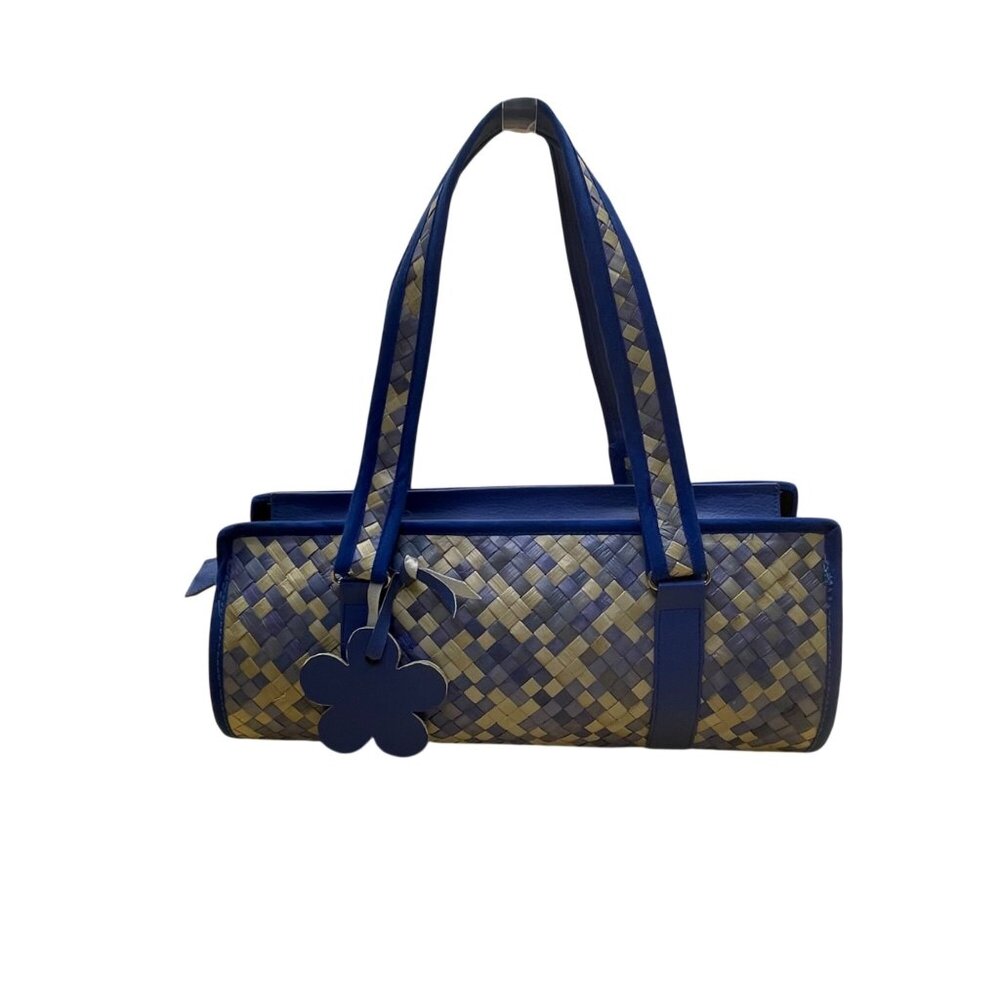 Woven Tote Bag Blue & Beige Checkered Pattern Flower Charm Detailing Handles
